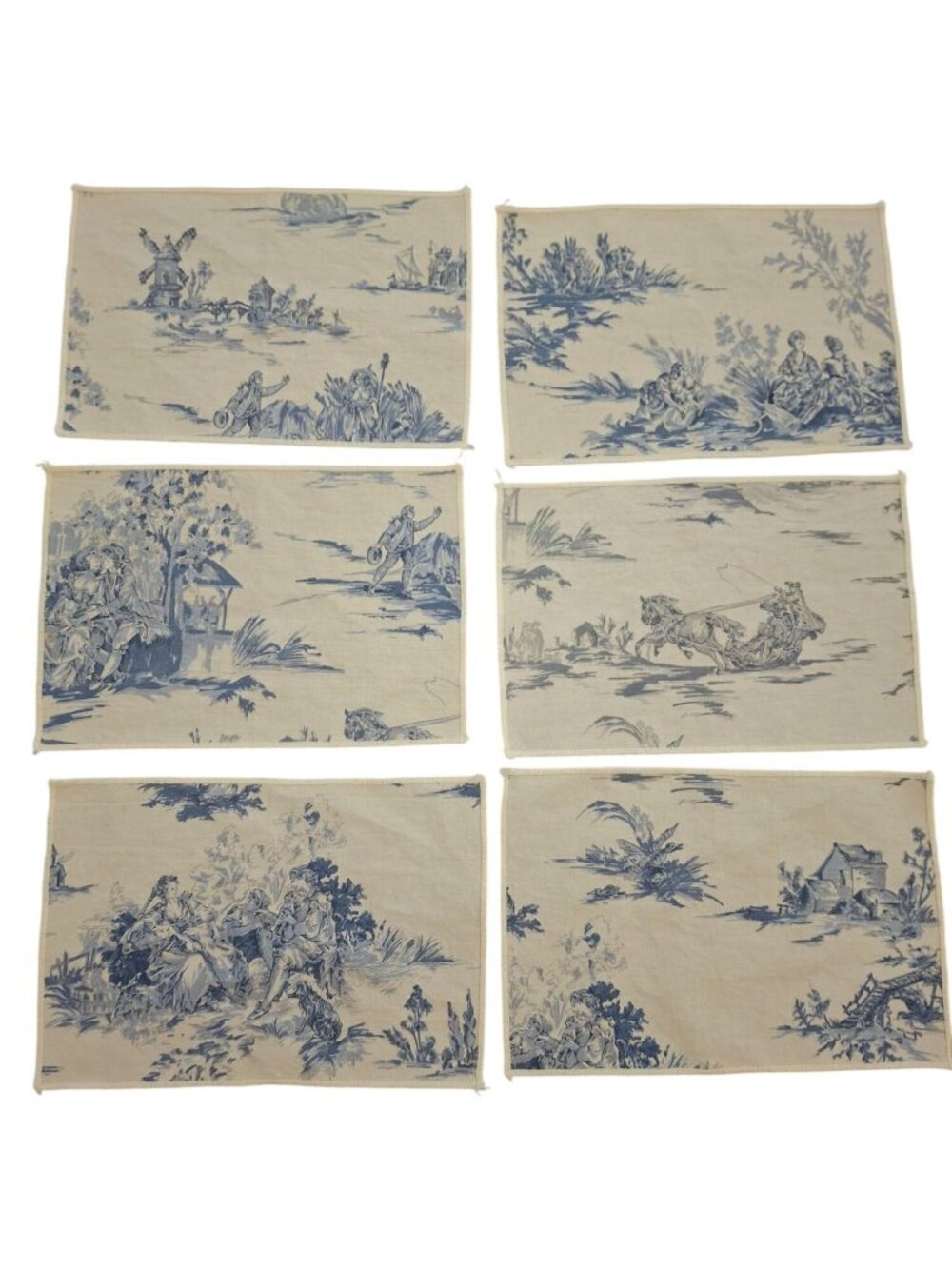 Set 6 French Toile Placemats Blue White Cottagecore Shabby Chic Vintage